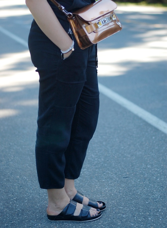 Aritzia Wilfred Free overalls, Aldo birkenstocks, bronze Proenza Schouler PS11 handbag outfit idea from Vancouver style blogger Covet and Acquire.