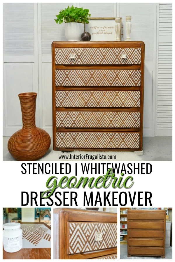 Stenciled Whitewashed Geometric Dresser Makeover