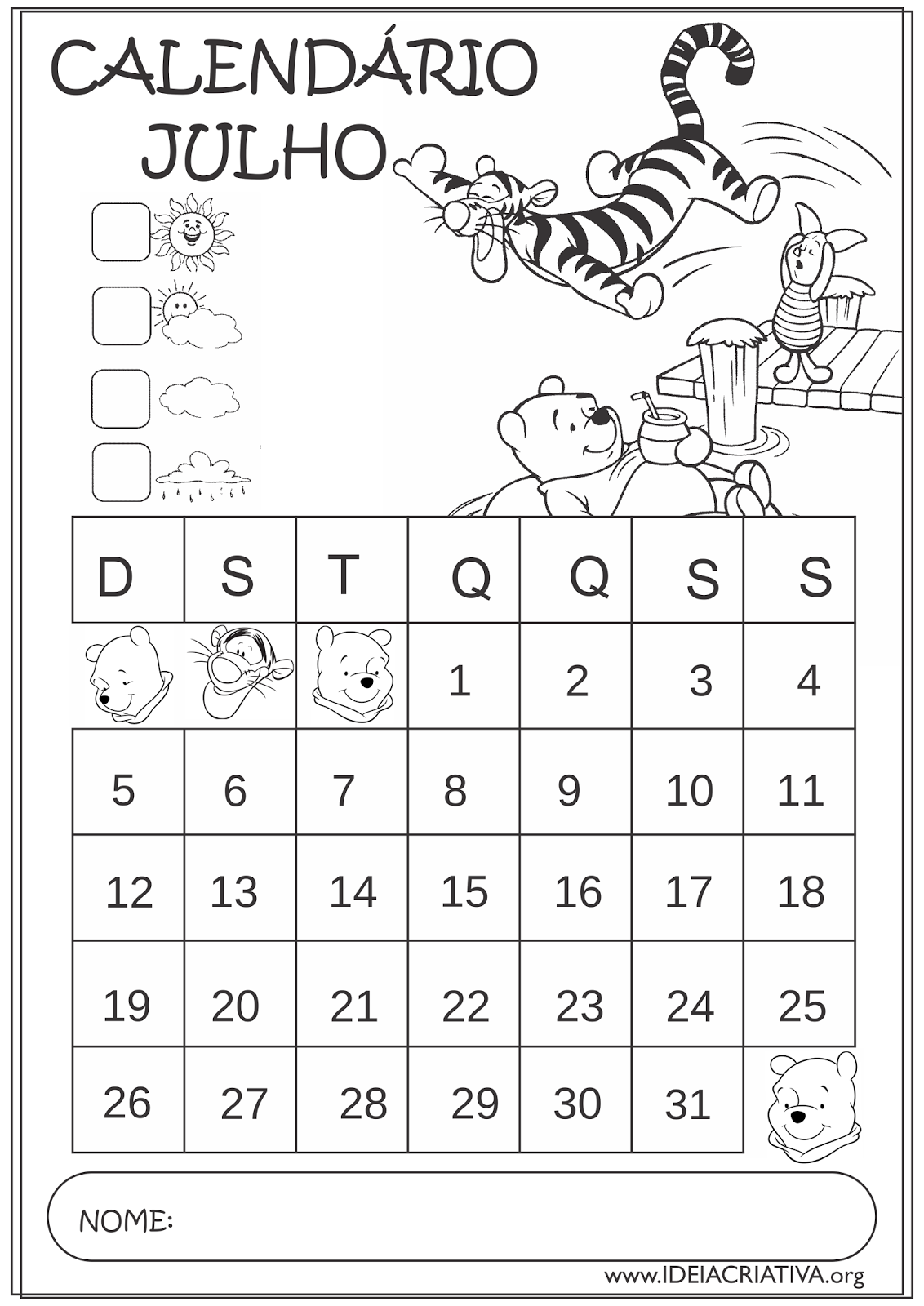 Calendários Julho 2015 Turma do Pooh Educação Infantil