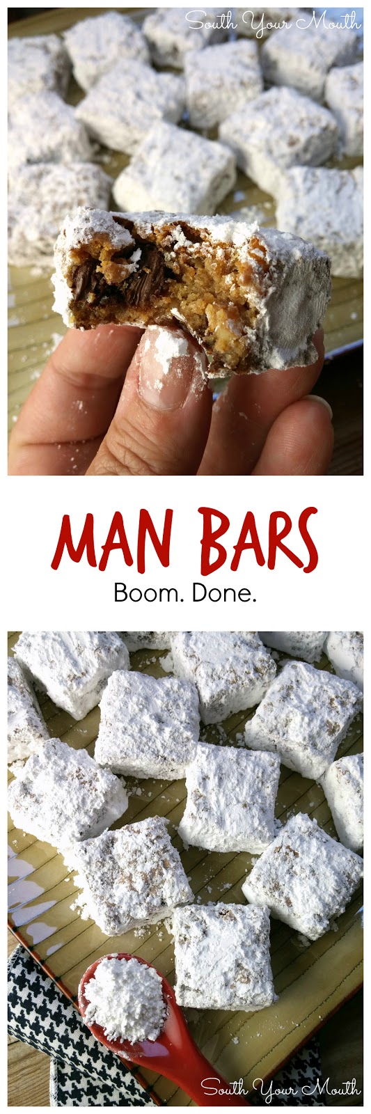 Man Bars! Crazy easy, unique cookie bars made with graham cracker crumbs and chocolate chips, cut and rolled in powdered sugar.
