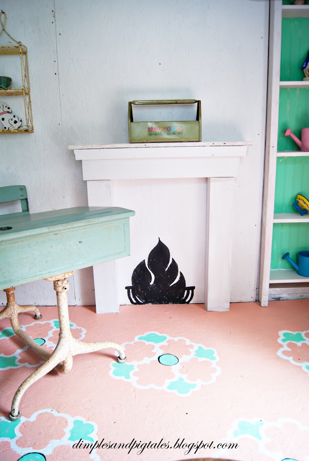 Chalkboard fireplace and vintage accessories.