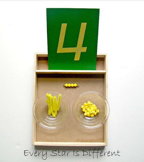Number Four with Montessori Yellow Bead Bar Activity for Kids