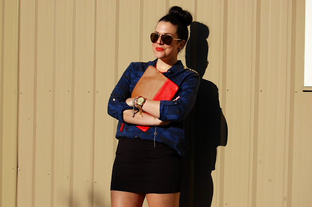 Zara camo blouse, black mini skirt, Topshop necklace, Old Navy bracelets, Tiffany bracelet and ring,Gap two-tone clutch and Topshop heels.