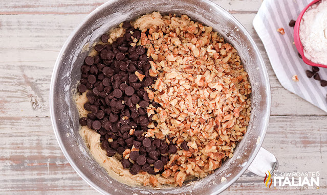 overhead: ingredients in bowl for doubletree cookie recipe