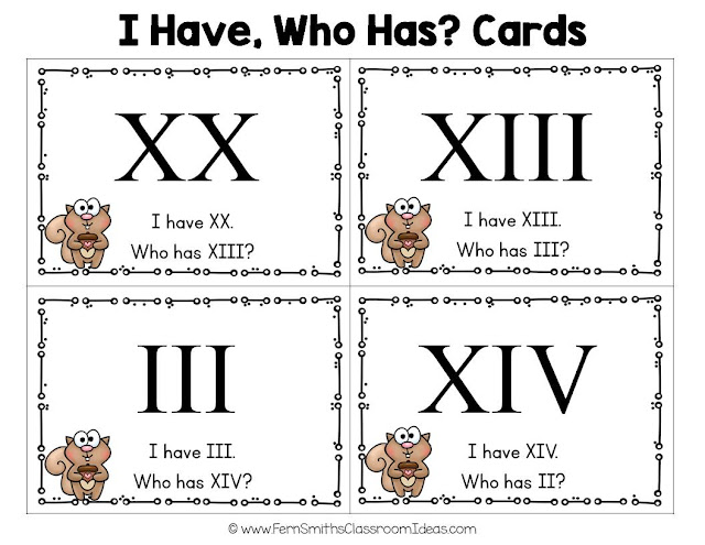 I Have, Who Has? Roman Numbers in Two Different Easy and Challenging Versions. From Fern Smith's Classroom Ideas at TpT.