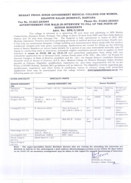 Recruitment of Various post in BPS Govt Medical College for Women, Sonepat, Haryana