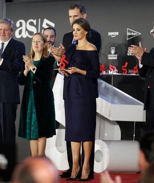 King Felipe. Queen Letizia wore DELPOZO flower embellished long-sleeved dress at As Sports Awards