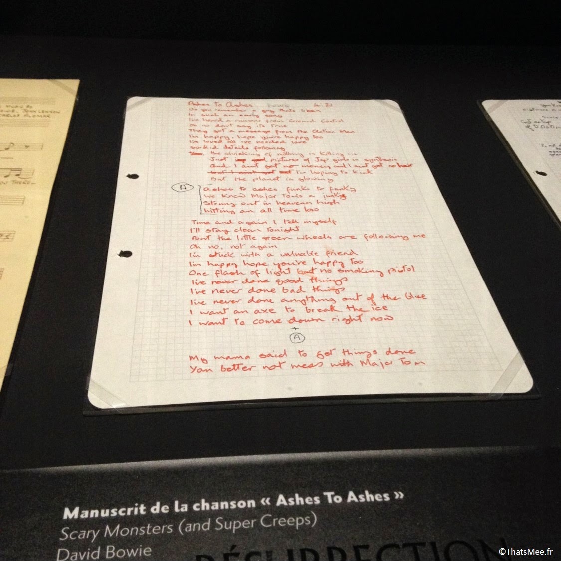 Manuscrit Ashes to Ashes Expo David Bowie is Philarmonie de Paris la Villette 2015 ,
