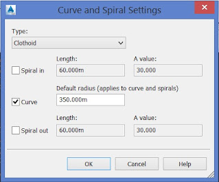 Configurações de curva e espiral de um alinhamento