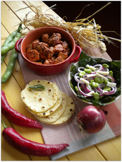 hot chicken chili with fresh salad and rosemary tortillas