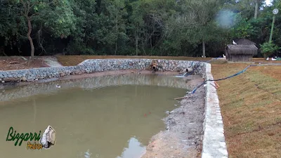 Restauração do lago em Cotia-SP com o muro de pedra rachão em volta do lago, onde vamos executar o caminho de pedra com o piso com concreto desempenado.