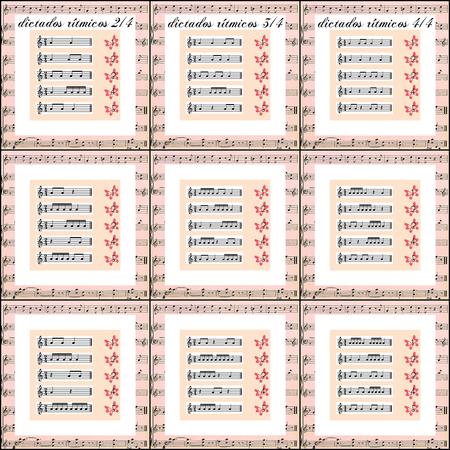 LENGUAJE MUSICAL 9 LÁMINAS DE DICTADOS RÍTMICOS COMPASES SIMPLES