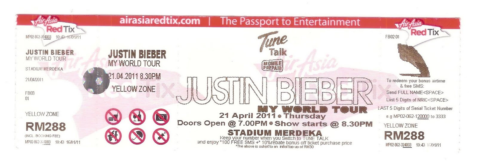BIEBER TICKET JUSTIN BIEBER "MY WORLD TOUR" CONCERT