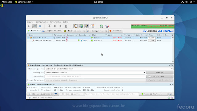 JDownloader 2 Beta executando no Fedora 25 Workstation com ambiente GNOME 3