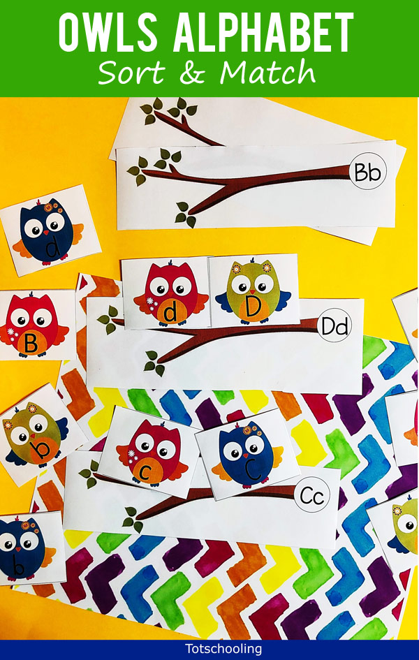 FREE printable alphabet activity featuring owls on a log or branch. Great for preschool and kindergarten kids to practice letter recognition and upper to lowercase matching. Perfect for owl and animal lovers!