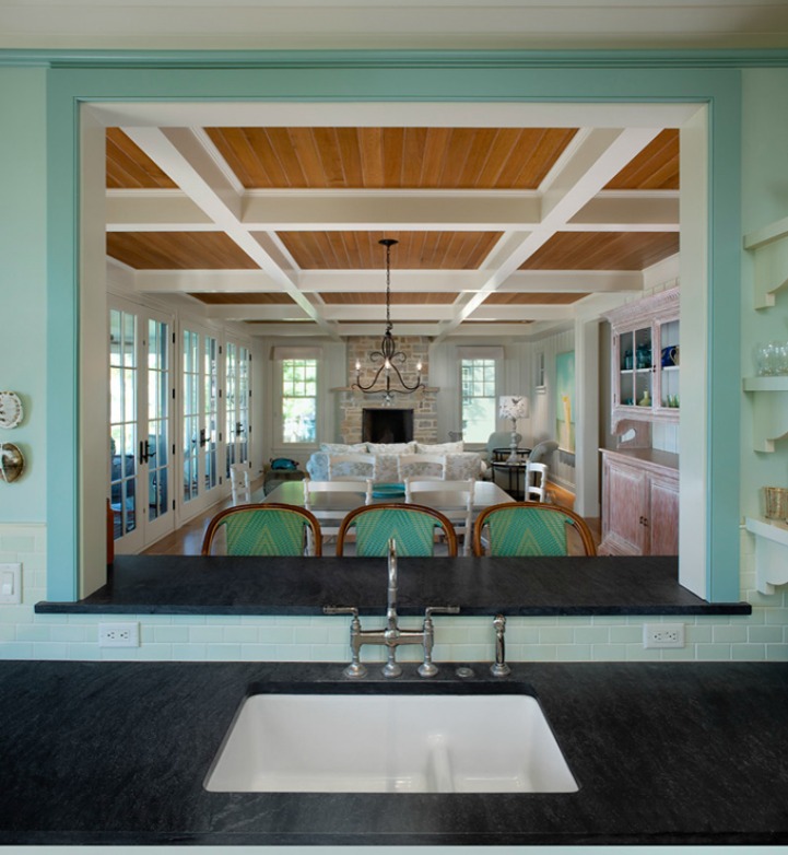 Bright aqua and white coastal kitchen and dining room Coastal cottage aqua dining room