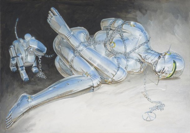 Hajime Sorayama ilustrações esculturas arte mulheres robôs metálicas sensuais cyberpunk vintage provocante peitos metalizados fetiche sadomasoquismo
