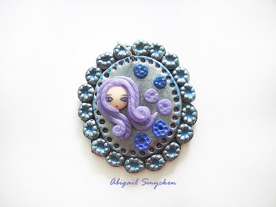 pendant, girl, blue, fimo, polymer clay