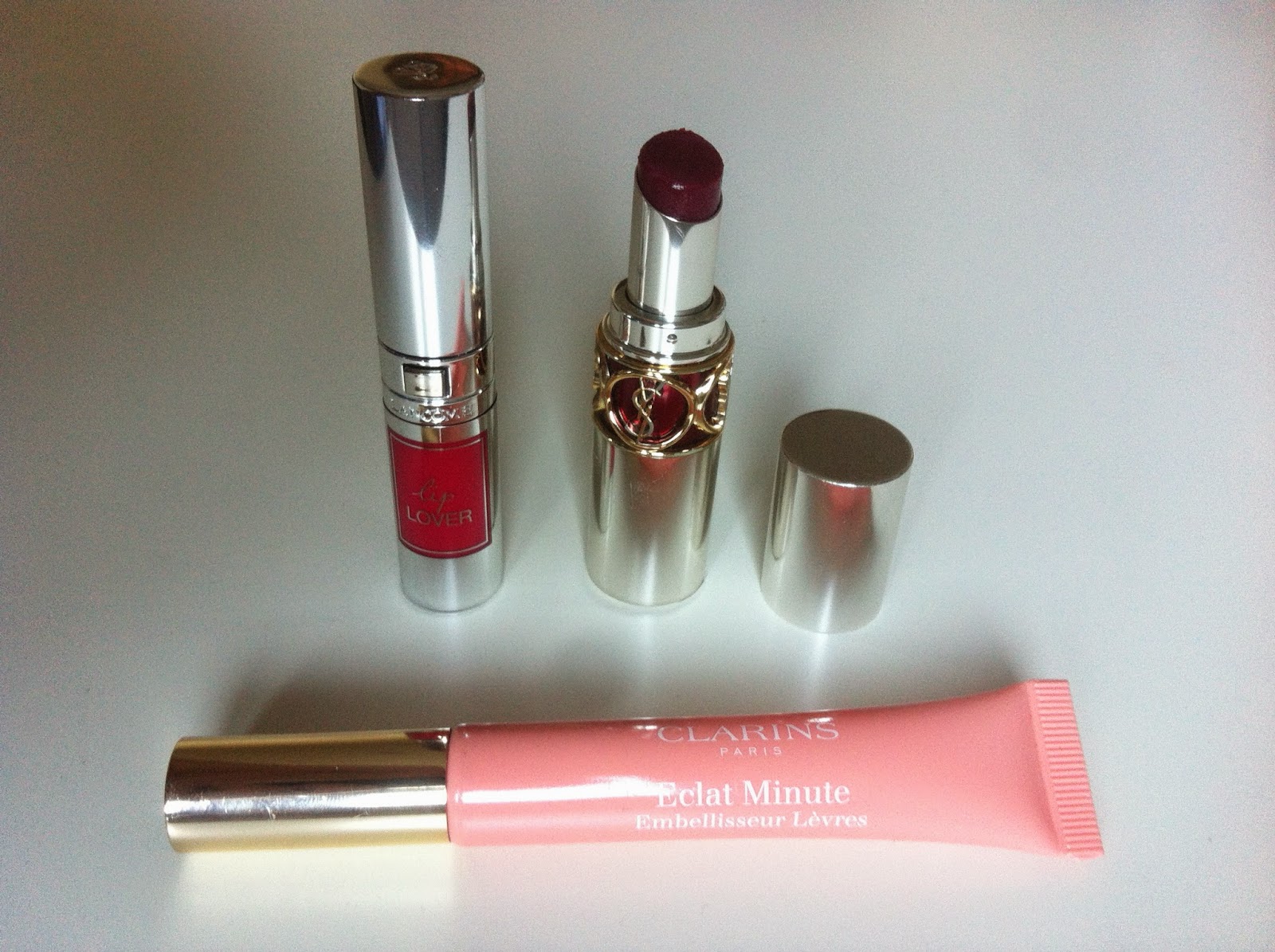 tag the lip product addict, lancome lip lover 355, ysl volupté sheer candy 5, clarins eclat minute embelliseur lèvres 02