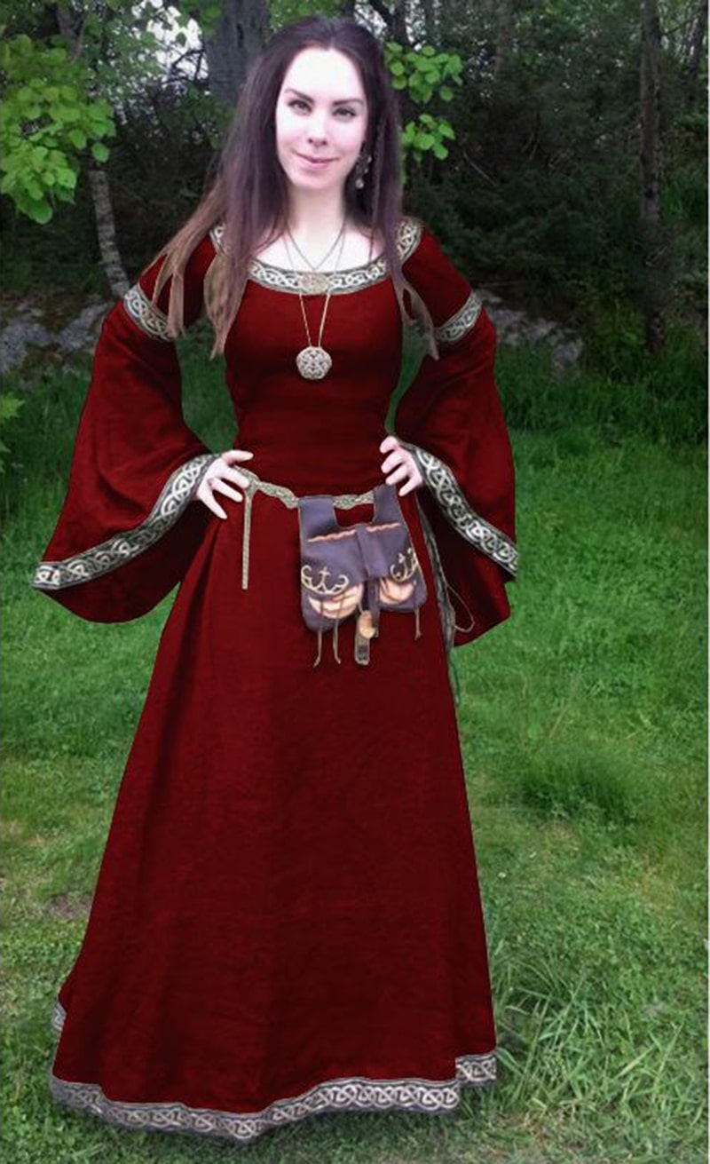 2018 popular style round collar horn sleeve and waist stitching Medieval large size ladies dress