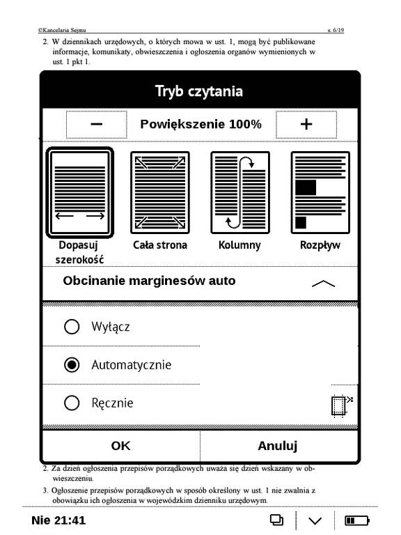 PocketBook Basic Touch 2 Save & Safe – ustawienia przycinania marginesów