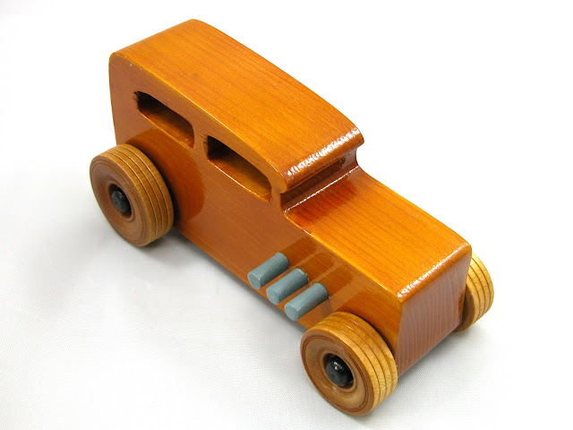 Wooden Toy Car - Hot Rod Freaky Ford - 1932 Sedan - Amber Shellac - Grey - Black