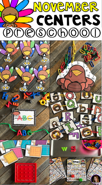 Turkey and Thanksgiving (November) Math and Literacy Centers for Preschool are full of fun hands-on centers that will help build writing (fine-motor) and math and literacy skills.