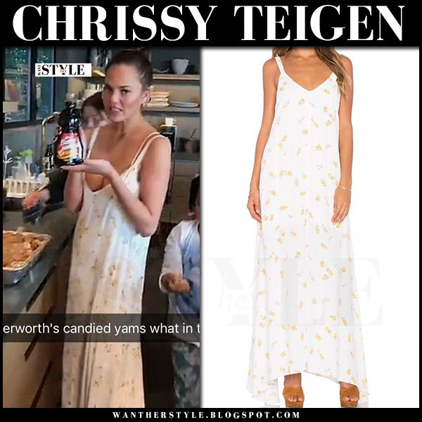 Chrissy Teigen In White Floral Print Maxi Dress On November 24
