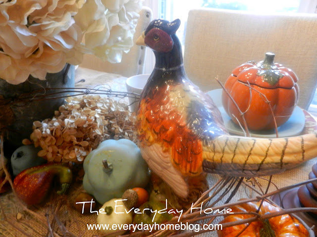 pumpkins, pheasants, Fall, berries, millet, candles, Autumn, Table, Tablescape, dishes