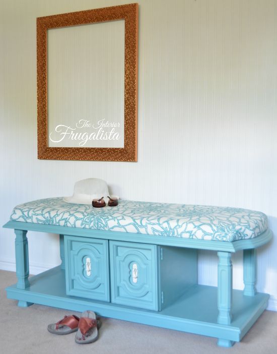 How to repurpose a chunky 70s coffee table into a gorgeous bold upholstered bench with handy storage for a entry bench, end of bed bench, or ottoman.
