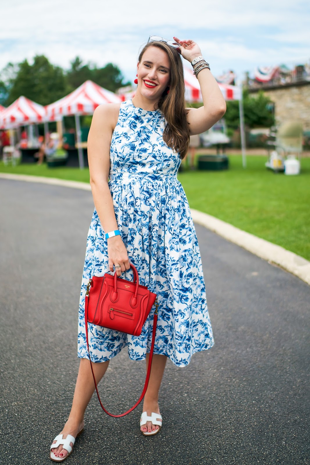 blue and white midi dress