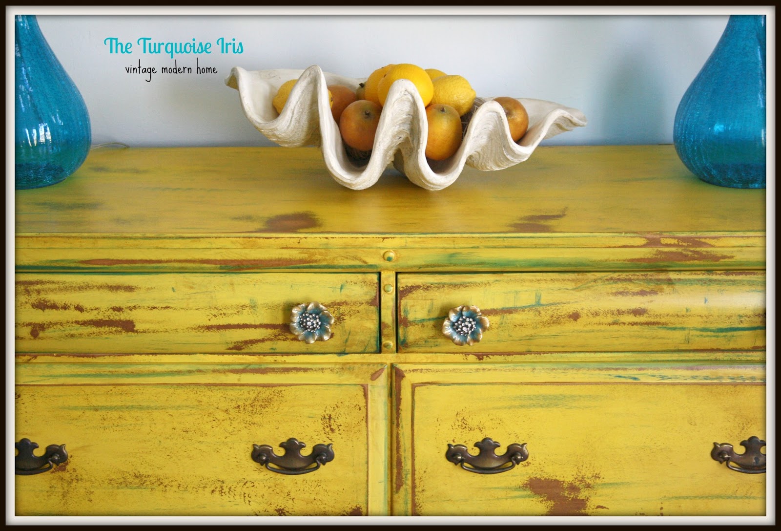 The Turquoise Iris Furniture & Art Vintage Yellow Dresser Distressed