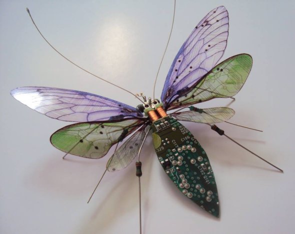 As esculturas de insetos feitos de peças de computador recicladas de Julie Alice Chappell Julie Alice Chappell esculturas insetos mecânicos circuitos computador lixo reciclado metal videogame cores asas borboletas mosquitos
