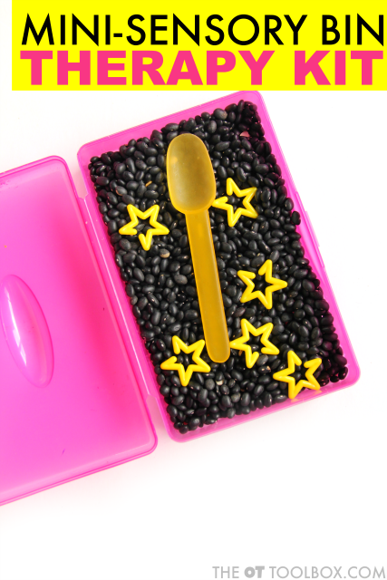 Make a mini star sensory bin and use it to address fine motor skills, bilateral coordination, eye-hand coordination, and other skills as part of an occupational therapy activity kit bin rotation system while addressing therapy goals with kids. Make a mini star sensory bin and use it to address fine motor skills, bilateral coordination, eye-hand coordination, and other skills as part of an occupational therapy activity kit bin rotation system while addressing therapy goals with kids.