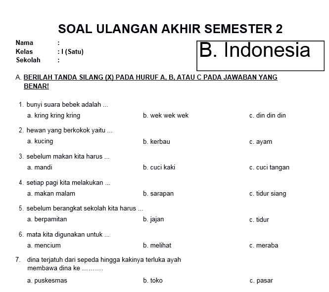 Soal Bahasa Indonesia Kelas 1 Sd Semester 2 Tahun Ajar