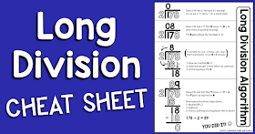 This long division reference sheet can help students with the steps of the long division algorithm. The free printable pdf can be enlarged into an anchor chart or slipped into a student math notebook.