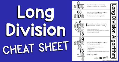 This long division reference sheet can help students with the steps of the long division algorithm. The free printable pdf can be enlarged into a long division anchor chart or slipped into a student math notebook.