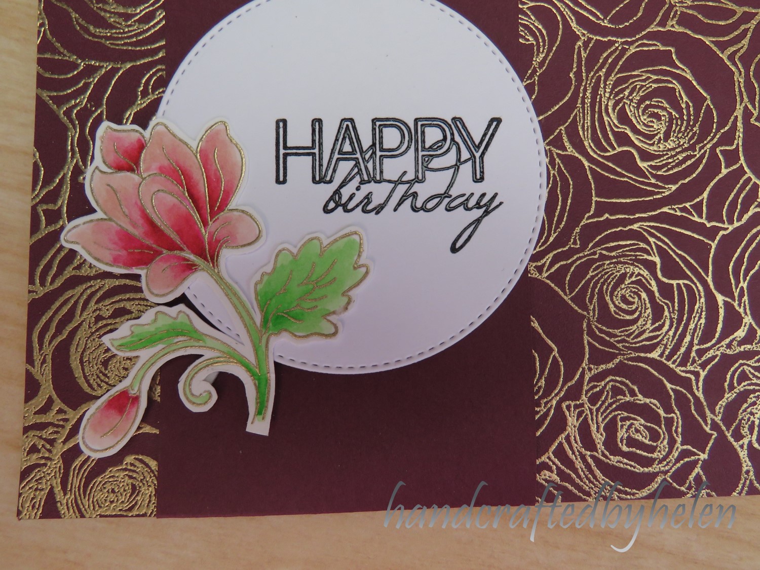 Handcrafted by Helen Roses all over background card