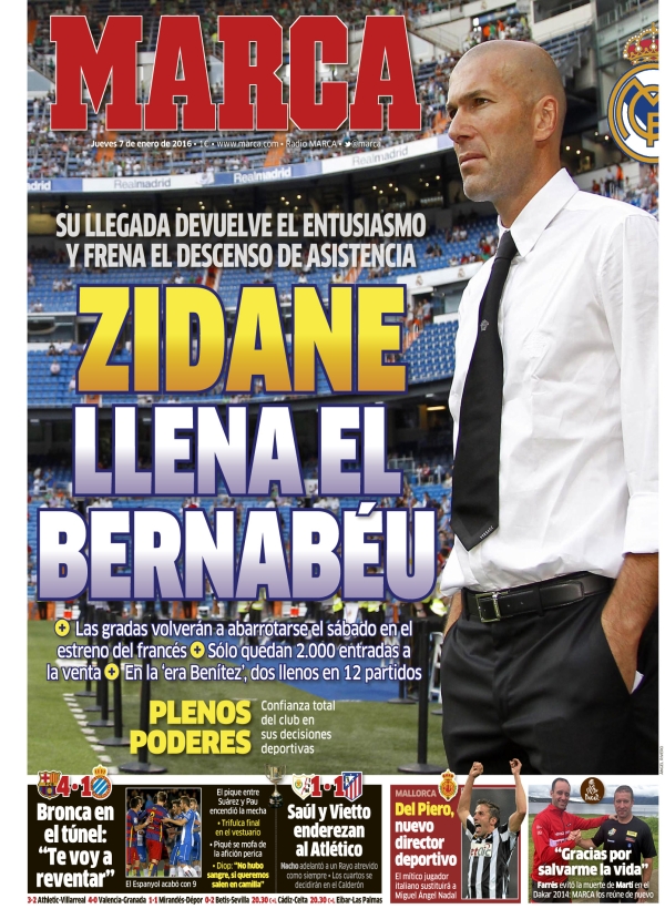 Real Madrid, Marca: "Zidane llena el Bernabéu"