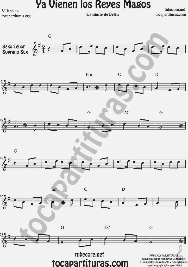  Ya vienen los Reyes Magos Partitura de Saxofón Soprano y Saxo Tenor Sheet Music for Soprano Sax and Tenor Saxophone Music Scores Villancico Popular