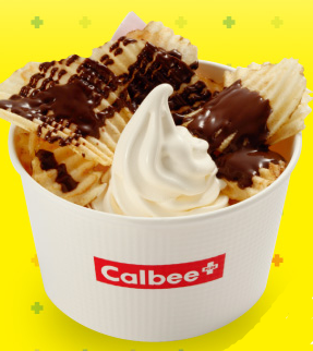 Calbee Plus chocolate sauce covered, ribbed chips and soft ice cream