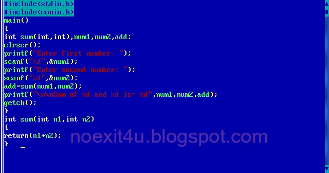 C program to add two numbers using function noexit4u