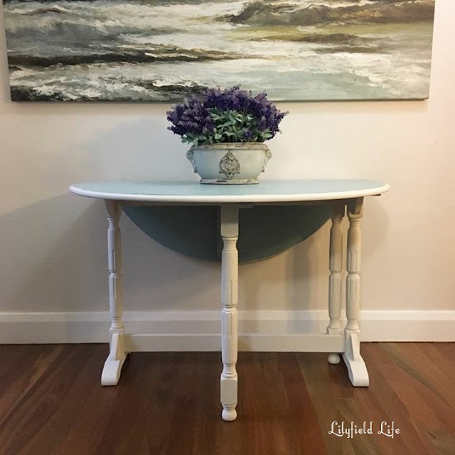 drop leaf oak table painted in Duck egg and off white base chalk paint by Lilyfield Life
