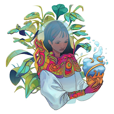 Hand-drawn illustration of a lady in a flowing spacesuit with plants behind her, holding a strange cloud-handling device