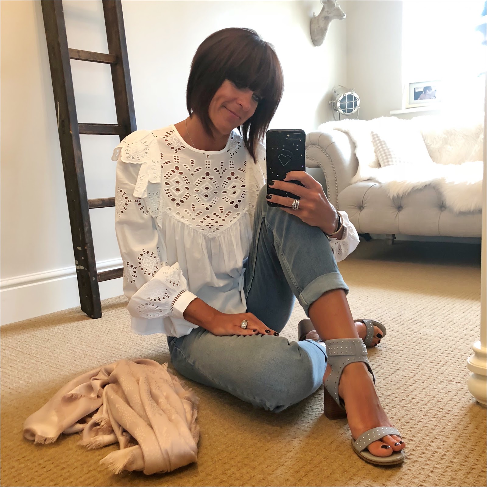 my midlife fashion, h and m embroidered blouse, the white company brompton boyfriend jeans, marks and spencer suede stud block heel sandals, mulberry silk scarf