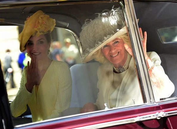 King Felipe, Queen Letizia welcomed by Queen Elizabeth II, Prince Philip, Prince Charles and Duchess Camilla. Felipe Varela dress, Prada pumps