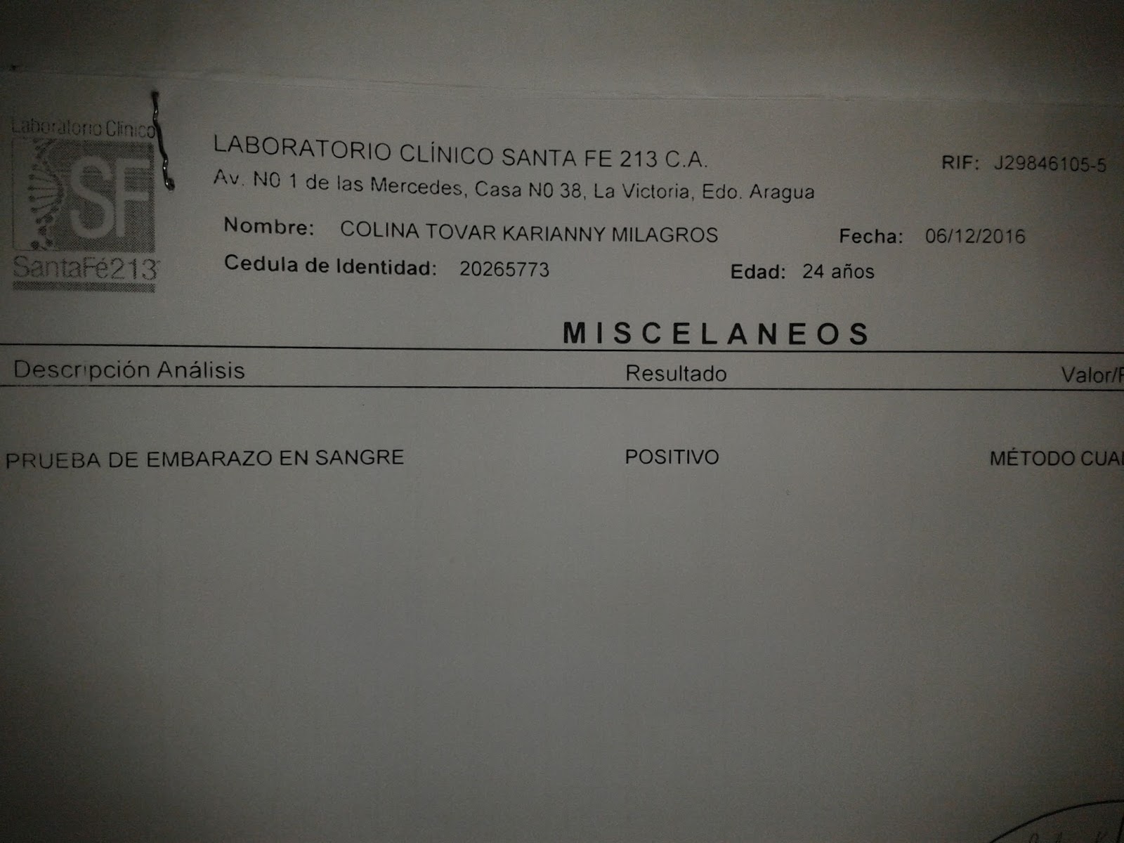 Sangre Laboratorios Santa MarÃa Prueba De Embarazo Prueba De