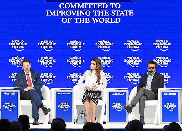 Queen Rania of Jordan listens to the International Committee of the Red Cross (ICRC) president Peter Maurer during a session at the World Economic Forum (WEF) annual meeting in Davos.