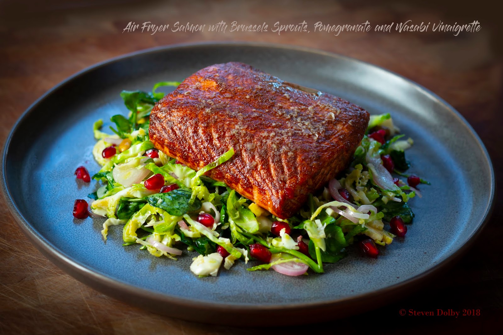 Air Fryer Salmon with Brussels Sprouts, Pomegranate and Wasabi