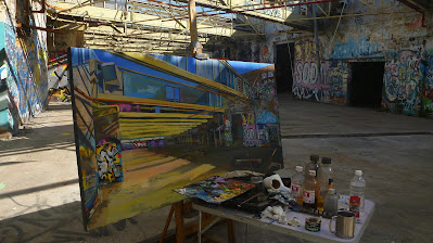 plein air painting of graffiti in the abandoned Dunlop-Slazenger factory by industrial heritage artist Jane Bennett